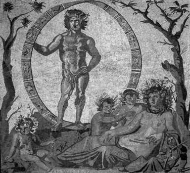 Fetonte e la ruota d'oro in un mosaico del 200ac. Phaeton and the golden wheel in a mosaic of 200ac.